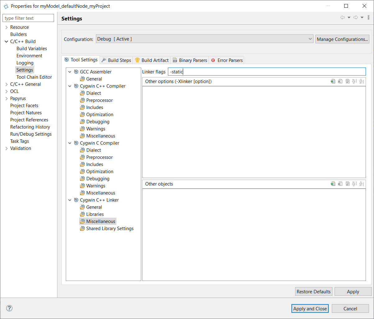 MinGW settings: libraries mingw settings: linker static