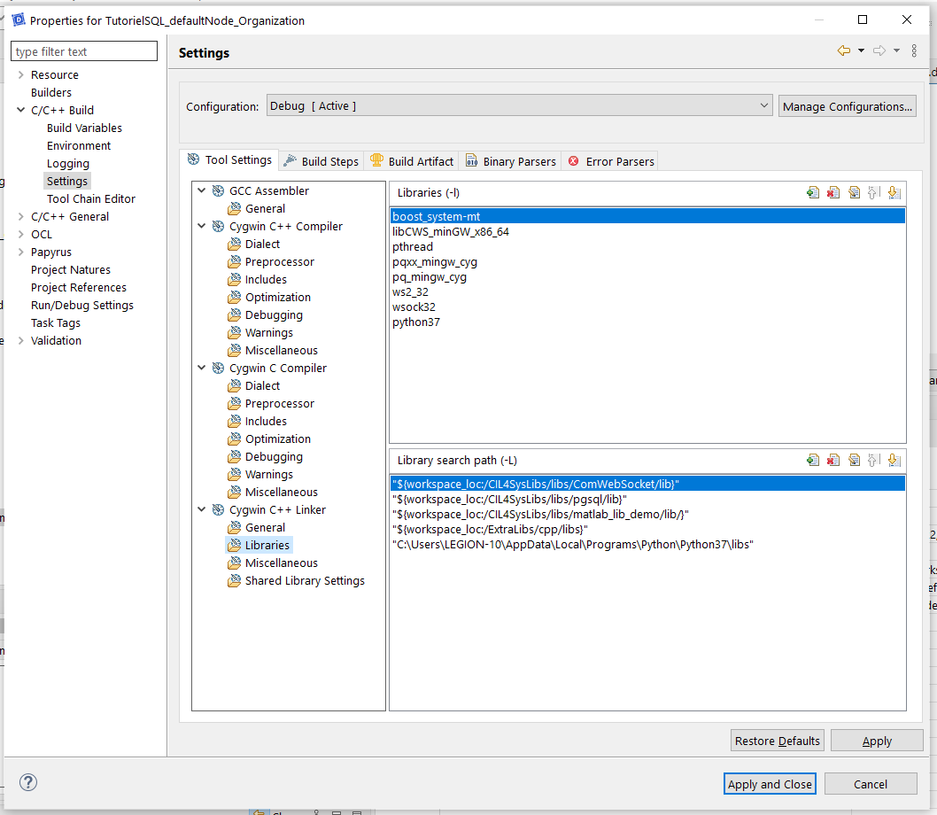 Include the libraries in the Cygwin C++ Linker Include the librairies