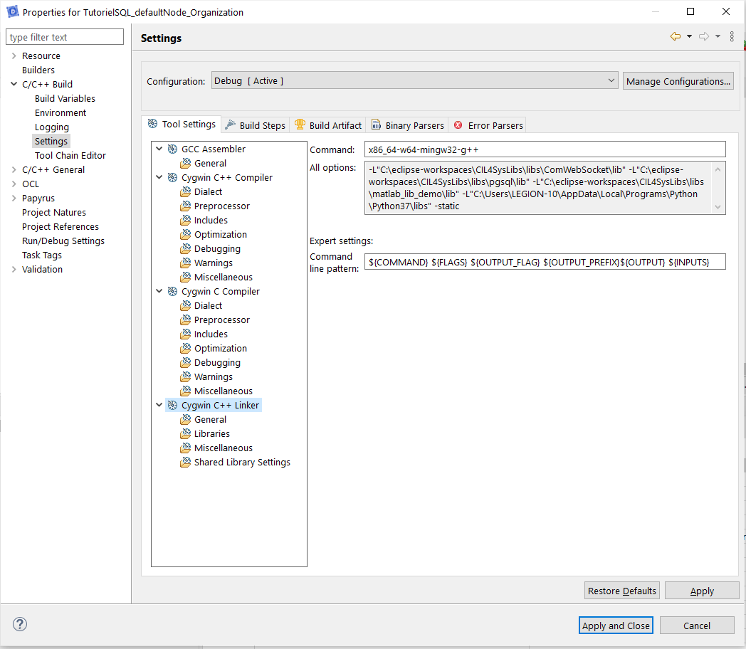 Miscellaneous Linker flag Cygwin C++ Linker Command