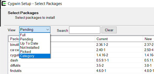 Cygwin select category