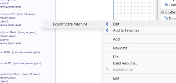 State machine export option. Contextual menu shows Edit, then Export State Machine.