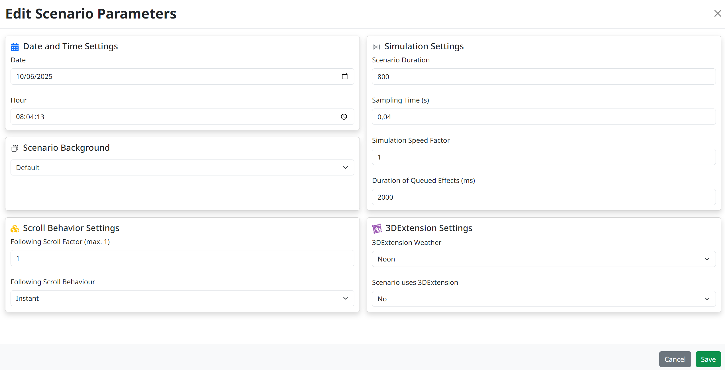 Scenario parameters popup