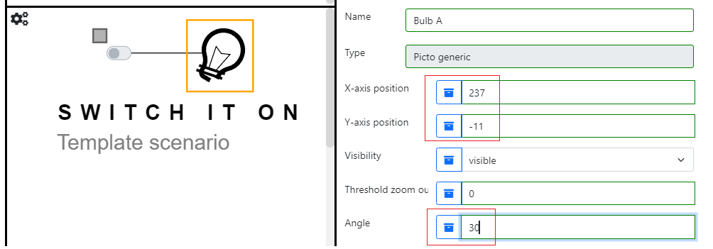 The bulb is moved and rotated in the template scenario