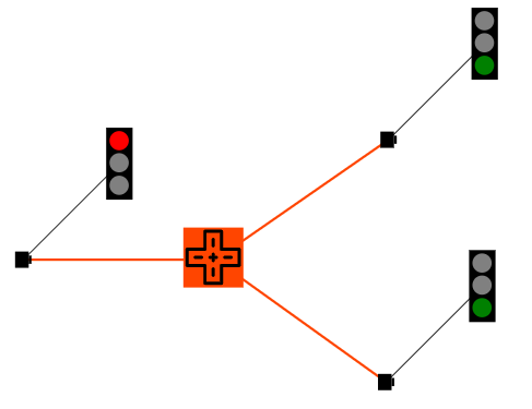 crossroad with linked traffic lights