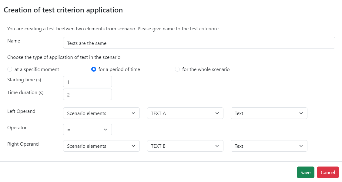 A creation popup with information to fill about when to do the test, and the associated elements