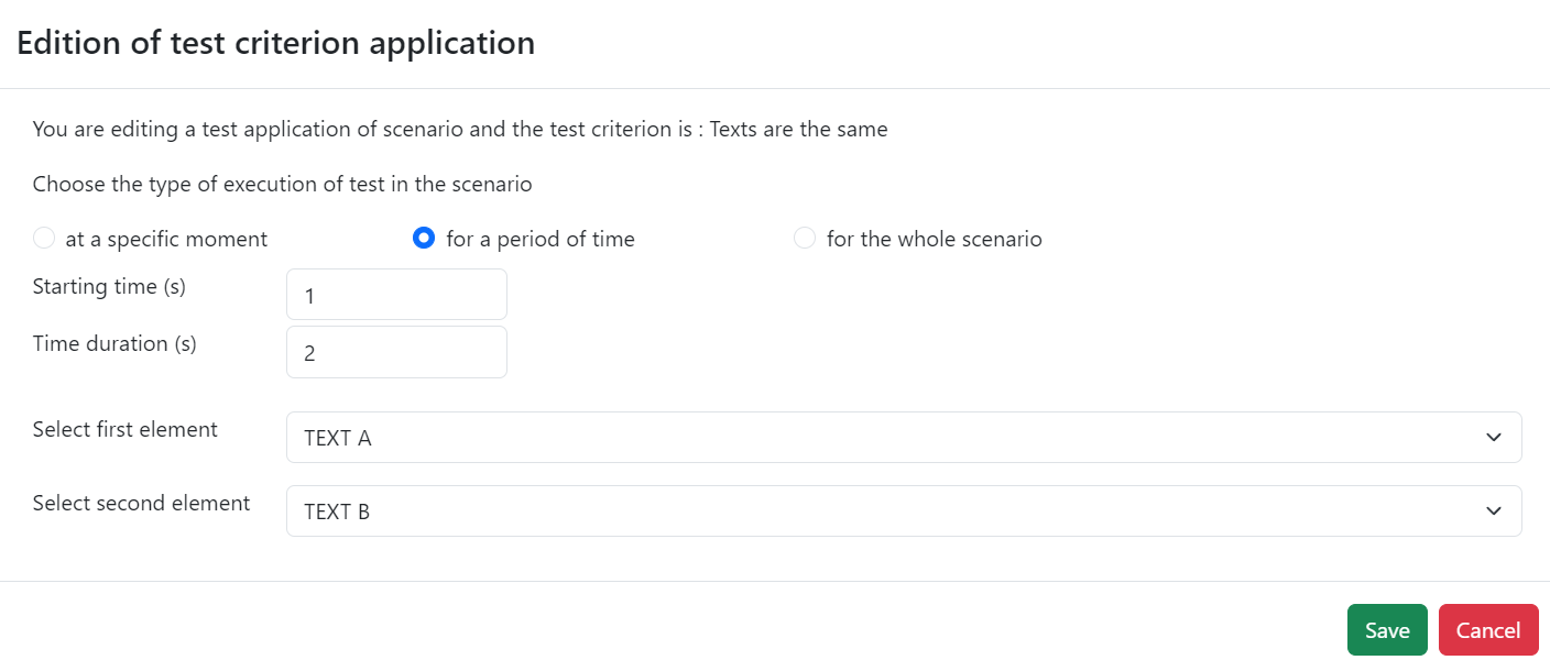 An edition popup with information to fill about when to do the test, and the associated elements