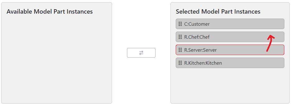 Two boxes are available, the left one called Available Model Part Instances is empty, the right one called Selected Model Part Instances contains Customer, Chef, Server, Kitchen in that order. An arrow indicates that dragging Server up can change the order of the lifelines