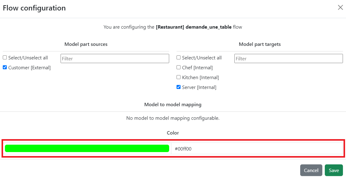 In the flow configuration menu, the flow is set to go from Customer to Server, and the Color field can be edited.