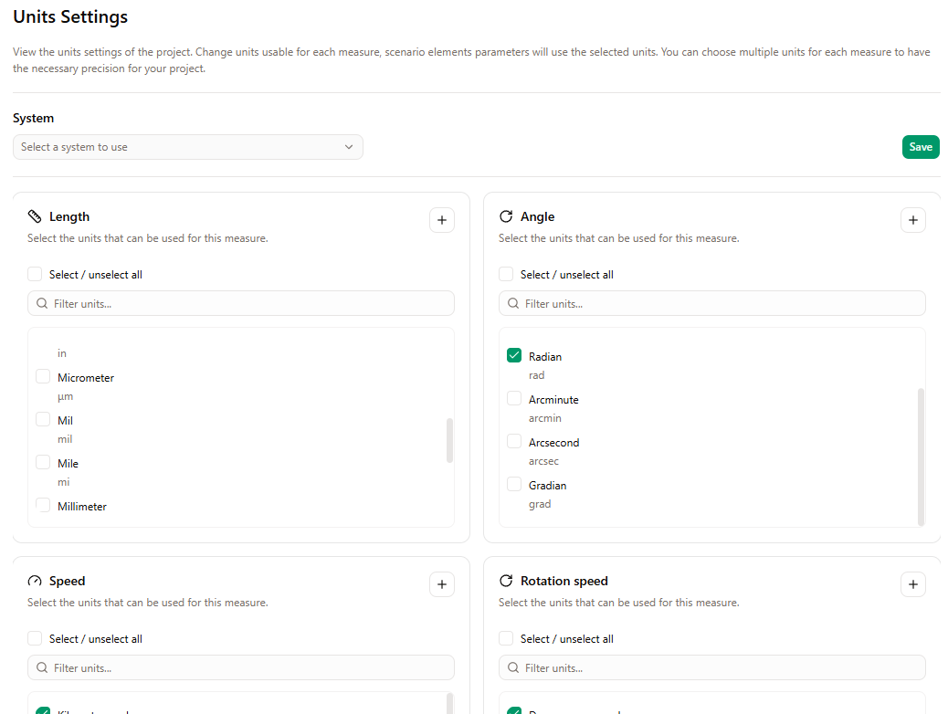 Project Units Settings