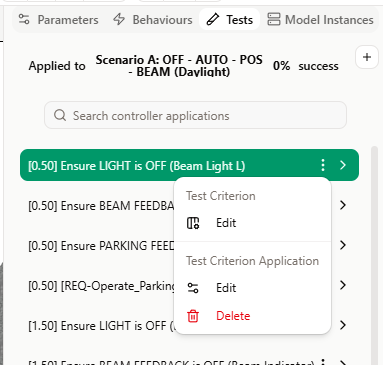 Menu latéral Application des critères de test, onglet Tests