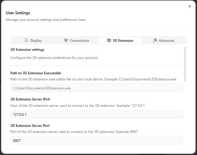 3D Extension settings 3D Extension settings