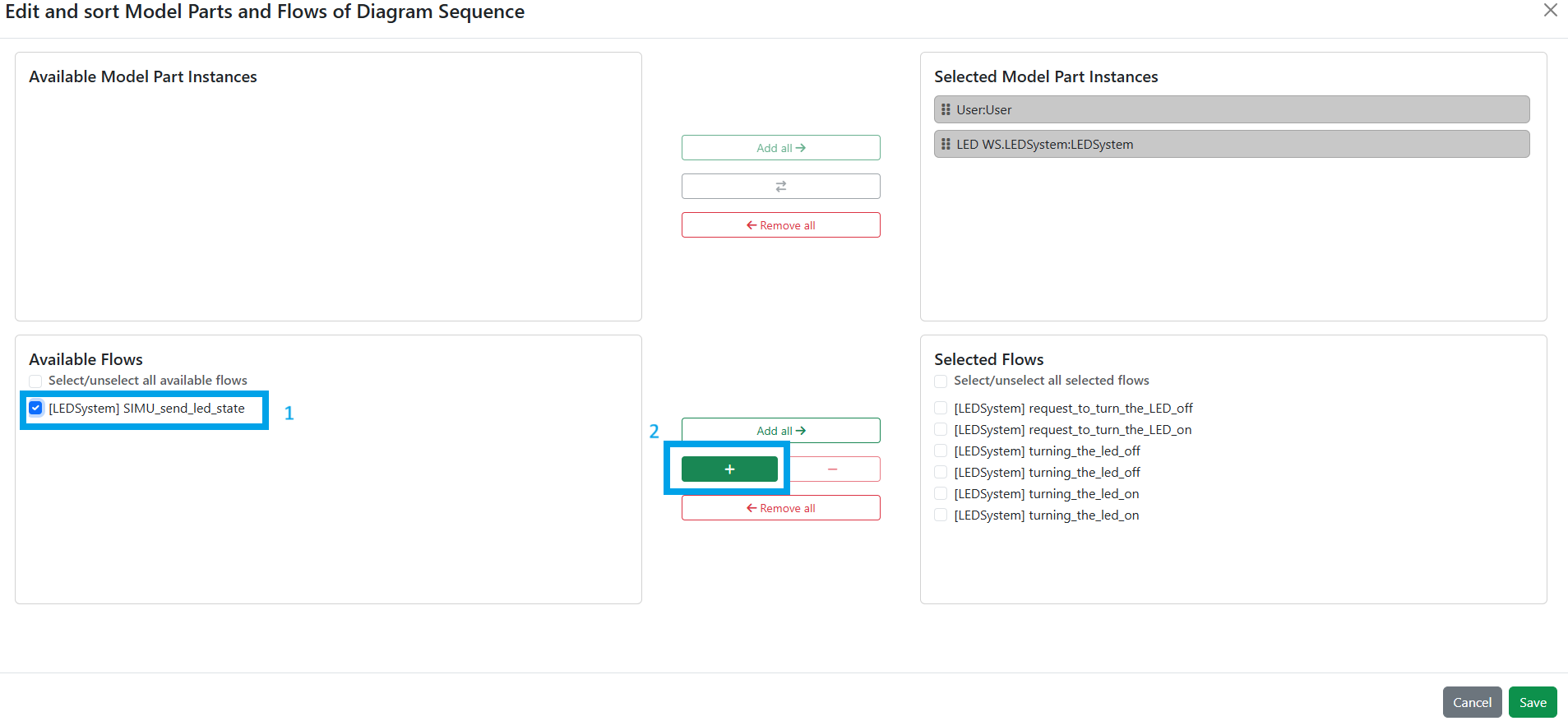 On the Edit and Sort configuration page, the needed flow is selected and added using the + button.