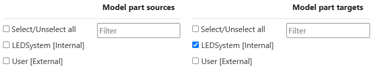 Flow configuration popup in which no sources are selected, and only the Internal model part is selected as a target.