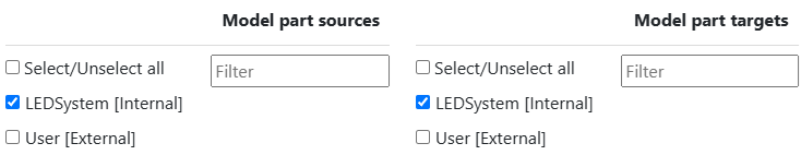 Flow configuration popup in which the internal model part has been selected as a source and also as a target.