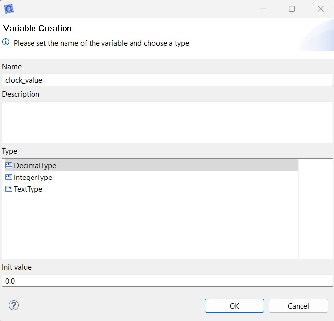 Clock value variable creation a new variable form indicates that the value clock_flow is of type decimal and its default value is 0.0