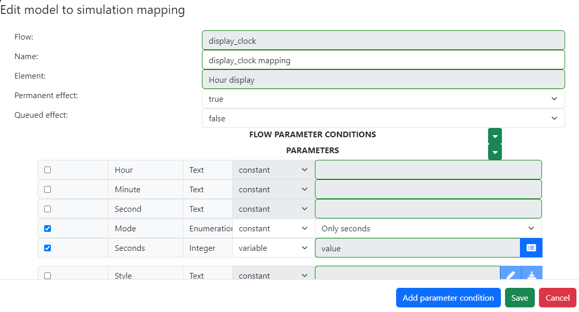 Clock display mapping The mapping form of the clock display mapping has the value Mode checked to Only Seconds, and the Seconds attribute receives the value parameter.