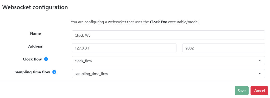 Websocket configuration The webscoket Clock Flow parameter is set to clock_flow, and the Sampling Time Flow parameter is set to sampling_time_flow.