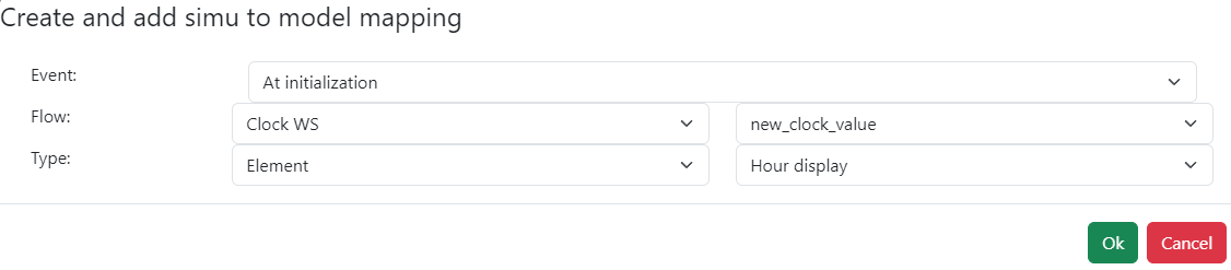 new clock value mapping creation In the mapping creation, the new_clock_value flow from the Clock WS websocket is selected, along with the At initialization event.