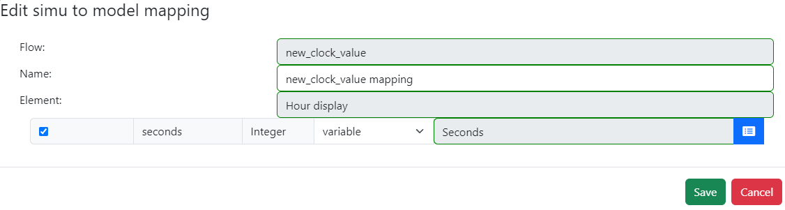 new clock value mapping edition In the mapping edition, the seconds parameter of the flow is associated with the Seconds parameters of the Hour display element.