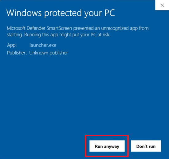on the protection popup, a run anyway button and a don't run button appear, you have to click on run anyway.