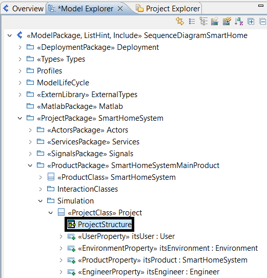 In the Model Explorer, the Project Structure architecture diagram is located under ModelPackage > ProjectPackage > ProductPackage > Simulation > ProjectClass > ProjectStructure