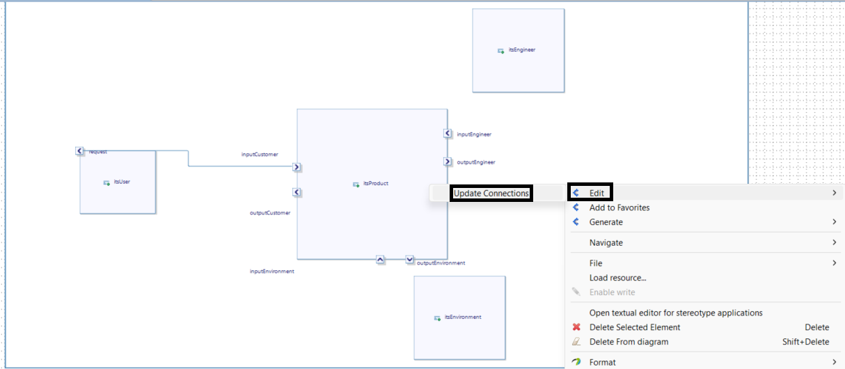 On the Project Structure's diagram, a right-click has opened a contextual menu in which Edit > Update Connections has been selected.