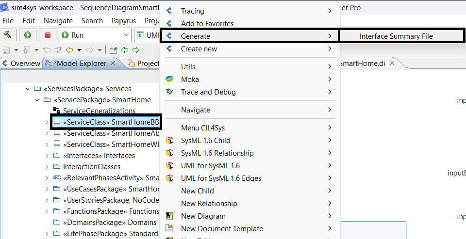 In Model Explorer, a right-click on SmartHomeBB allows to select the following option: Generate > Interface Summary File.
