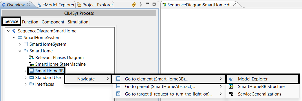 In Service Tab, SmartHomeBB is available under SequenceDiagramSmartHome > SmartHomeSystem > SmartHome > SmartHomeBB, and a right-click on it shows the following option: Navigate > Go to element (SmartHomeBB) > Model Explorer.
