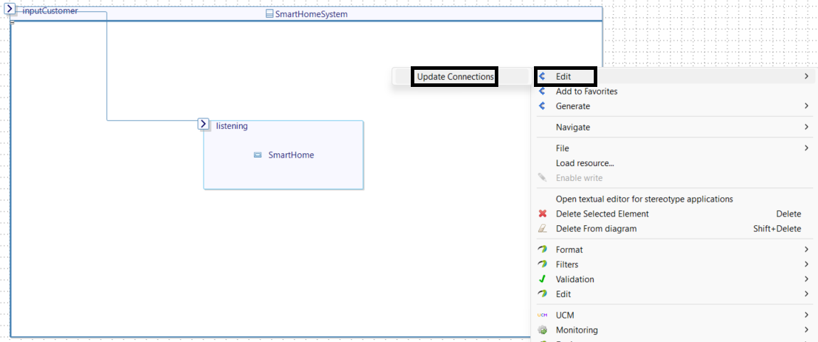 On the SmartHomeSystem Structure's diagram, a right-click has opened a contextual menu in which Edit > Update Connections has been selected.