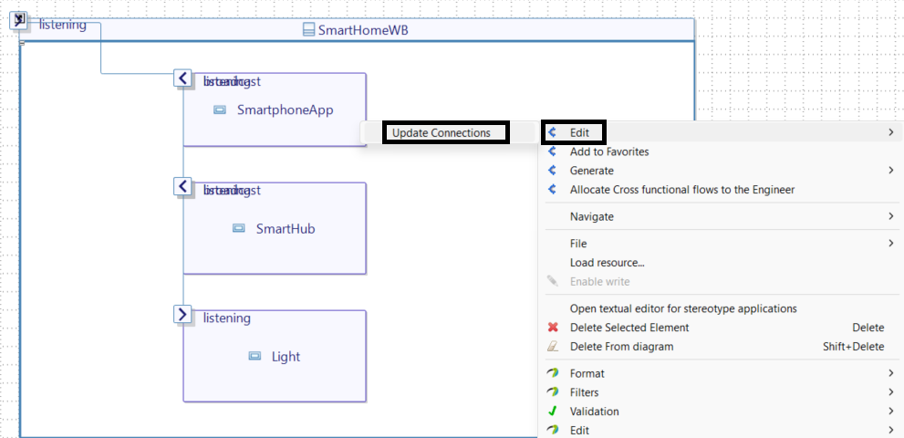 On the SmartHomeWB diagram, a right-click has opened a contextual menu in which Edit > Update Connections has been selected.