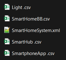 All exported files from SmartHome Model. List of the exported files: SmartHomeSystem.xml ; SmartHome.csv ; Light .csv ; SmartHub .csv ; SmartphoneApp .csv.