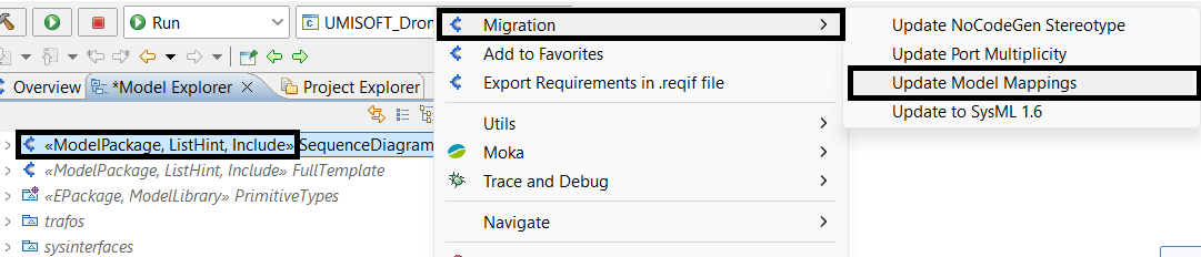 In Model Explorer, a right-click on ModelPackage will show a contextual menu in which you can access to Migration > Update Model Mappings.