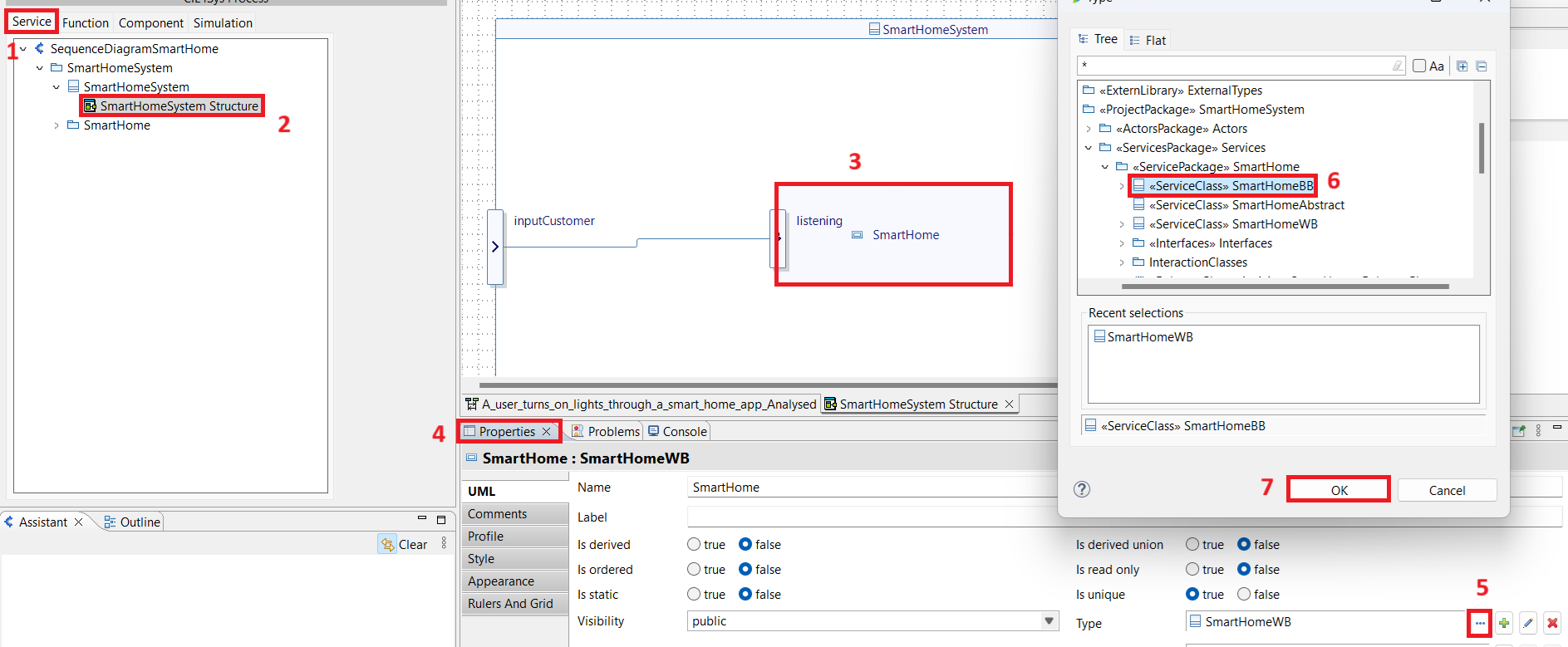 Steps to switch from White Box to Black Box. Several steps are described sequentially, 1. click on Service Tab ; 2. Open the Structure Diagram (Here, SmartHomeSystem Structure) ; 3. Select the service in the diagram (Here, SmartHome) ; 4. Open the Properties Tab ; 5. Select the three dots next to the Type Parameter (Here indicating SmartHomeWB before edition) ; 6. Select the BB (black box) version of the service (Here, SmartHomeBB) ; 7. Click OK.