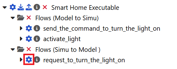 In the Smart Home Executable, in the Flows folders, a wheel icon next to the flow request_to_turn_the_light_on is highlighted.