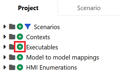 How to add a new executable in VB. While the Project tab is opened, a small '+' sign is highlighted in front of the Executables folder.