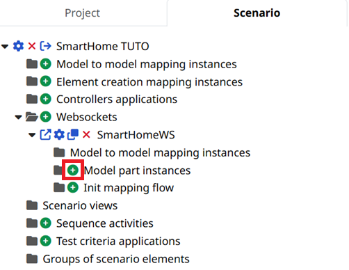 In the Scenario tab, in the Websockets folder, under the new SmartHomeWS Websocket, there is an add icon next to the Model part instances folder