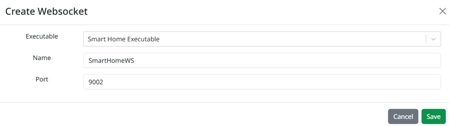 How to add a new websocket in VB. In the websocket creation popup, the selected executable is the Smart Home Executable, the name of the Websocket is SmartHomeWS, and its port has been set by default to 9002.