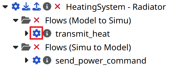In the Radiator Executable, in the Flows folders, a wheel icon next to the flow transmit_heat is highlighted.