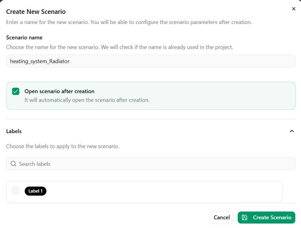 Create New Scenario dialog.