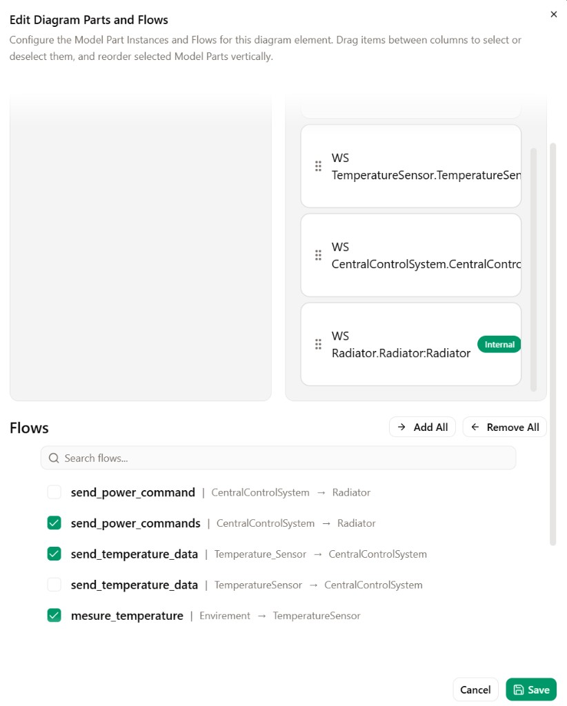 Edit Diagram Parts and Flows dialog with model parts and flows selected.