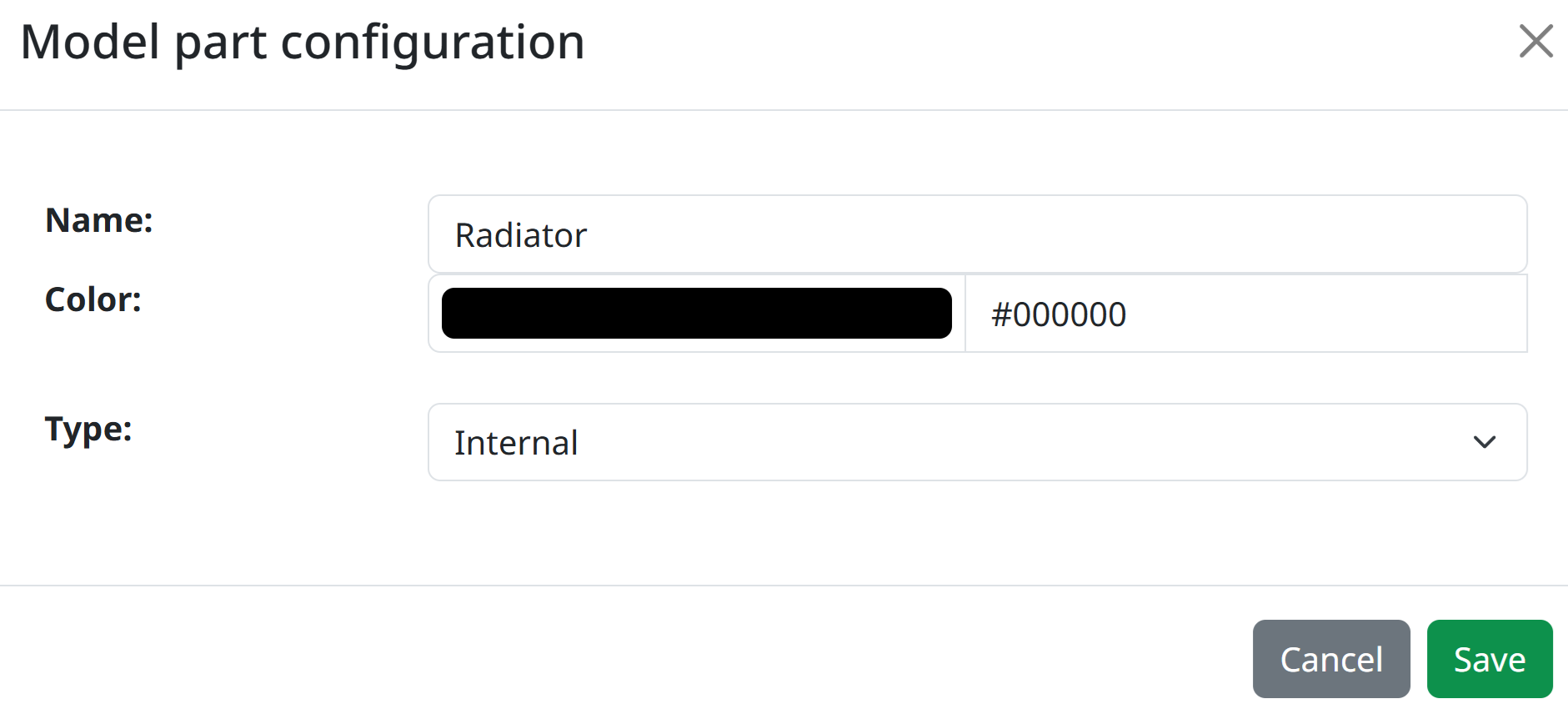 In the Model Part Configuration Radiator, the title of the model part is Radiator, and internal has been selected as type.