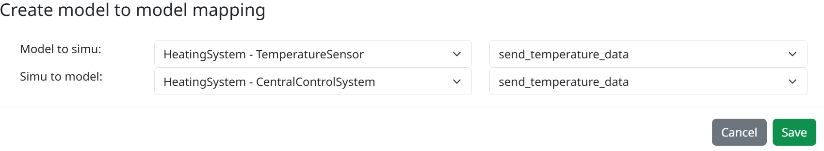 In the model to model mapping creation popup, the Model to simu executable is TemperatureSensor, and its associated flow is send_temperature_data. The Simu to model executable is CentralControlSystem, and its associated flow is also send_temperature_data.