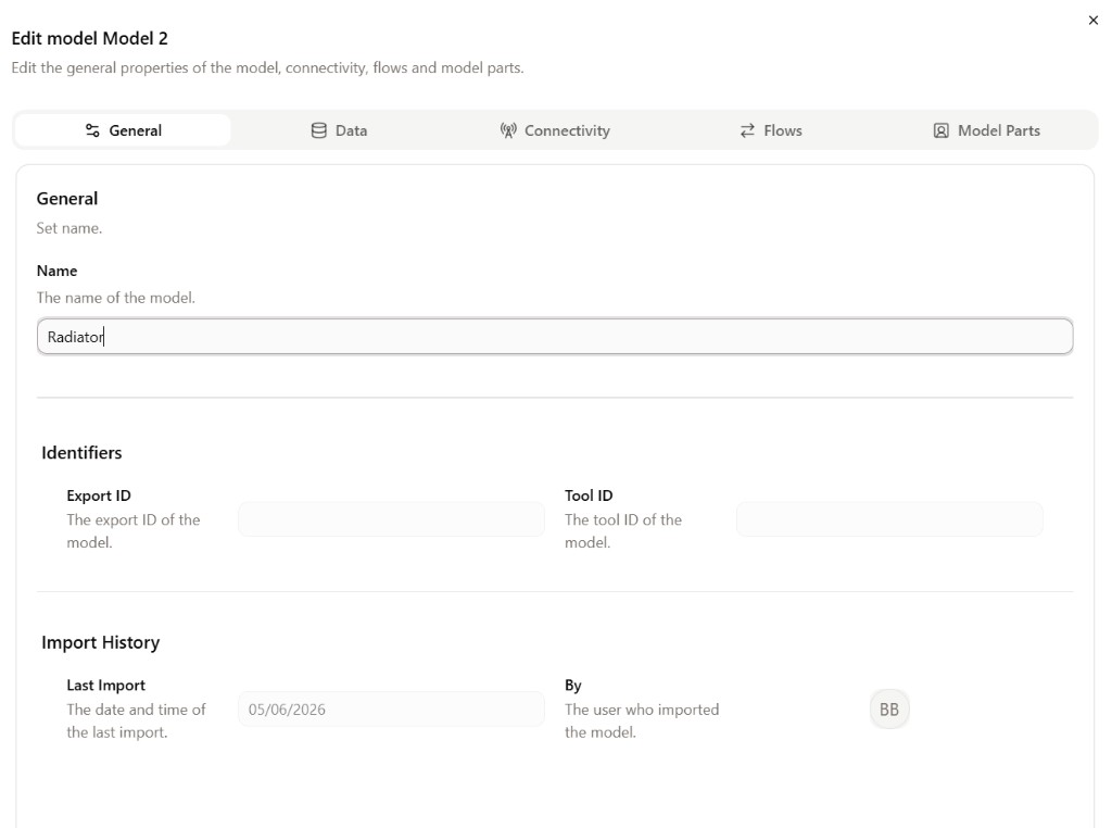 Edit model dialog with the General tab open; the Name field is set to Radiator.