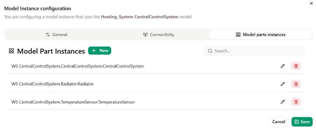 Model Instance configuration for WS CentralControlSystem with model part instances.