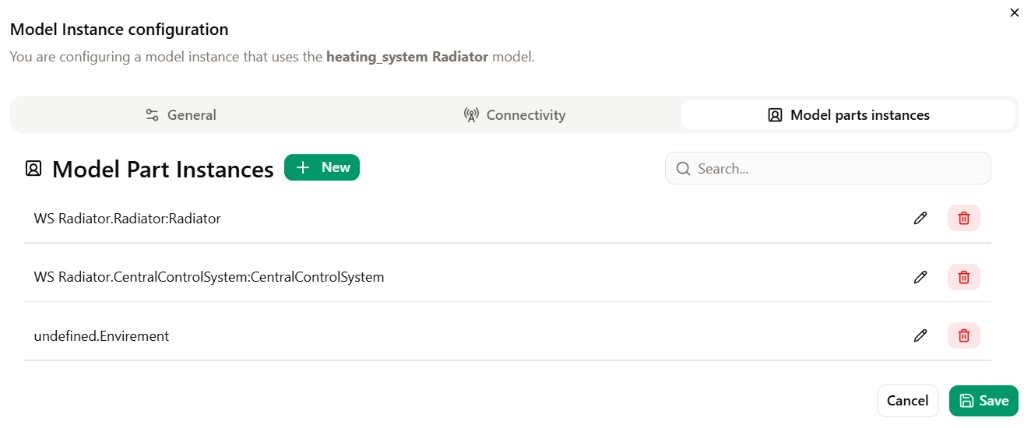 Model Instance configuration for WS Radiator with model part instances.