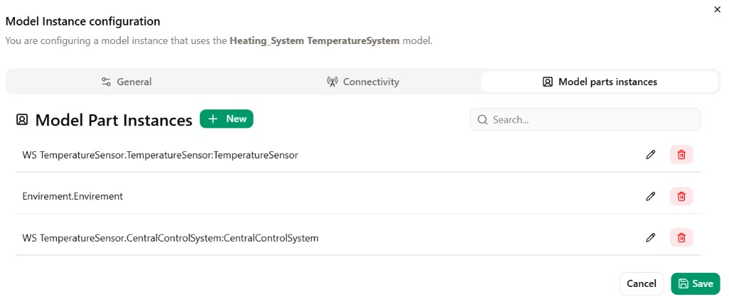 Model Instance configuration for WS TemperatureSensor with model part instances.