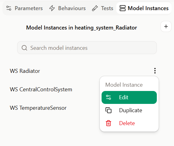 Model Instances tab with WS Radiator, WS CentralControlSystem and WS TemperatureSensor.