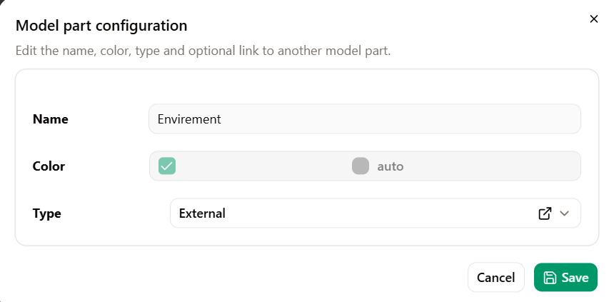 Model part configuration with Name Environment and type External.