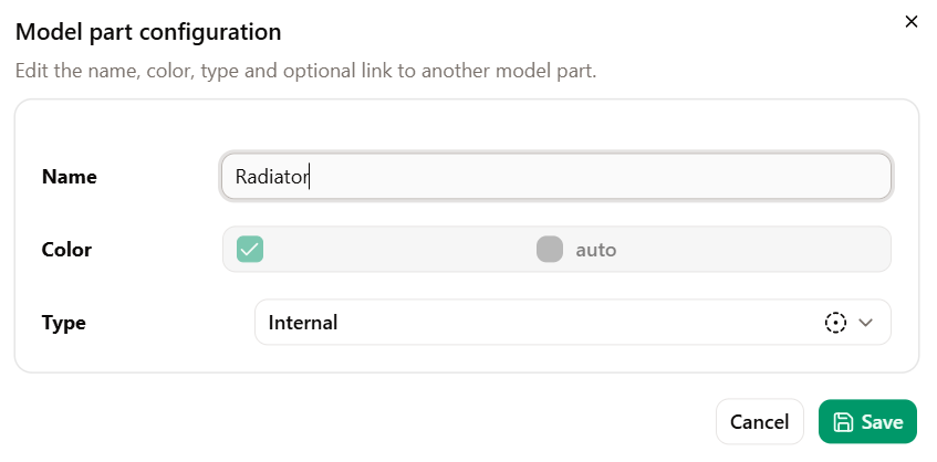 Model part configuration with Name Radiator and type Internal.