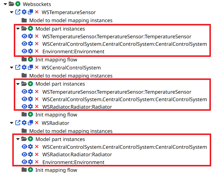 In Model part instances, we can see the following instances for the WSTemperatureSensor: TemperatureSensor, CentralControlSystem and Environment. For the WSCentralControlSystem, we can see TemperatureSensor, CentralControlSystem and Radiator. For the Radiator, we can see CentralControlSystem, Radiator and Environment.